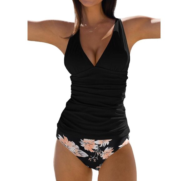 Beachsissi Women's Cute Floral Print Swimsuit V Neck Tummy Control Tankini (Top) - Picture 1 of 5